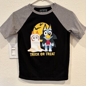 Bluey and Bingo Halloween raglan style tee